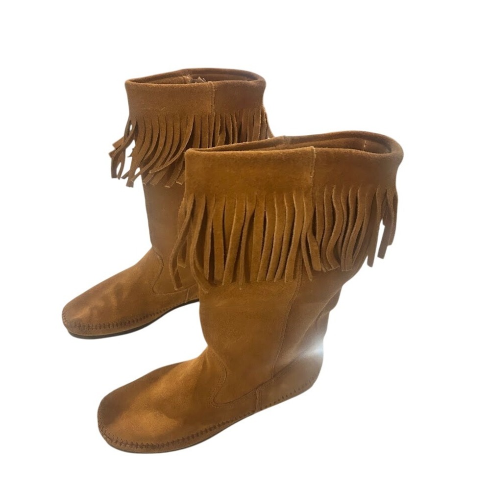 Women's Minnetonka Brown Suede Fringe Moccasin Boots Mid Calf Casual Size 8 - Picture 3 of 9
